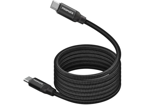 Promate Springy USB-C to USB-C Premium Magnetic Self-Organizing Cable with 60W Power Delivery and 120cm Durable Nylon Braided Sync and Charge Cable, Reversible Connectors, Thick Copper Core - Black